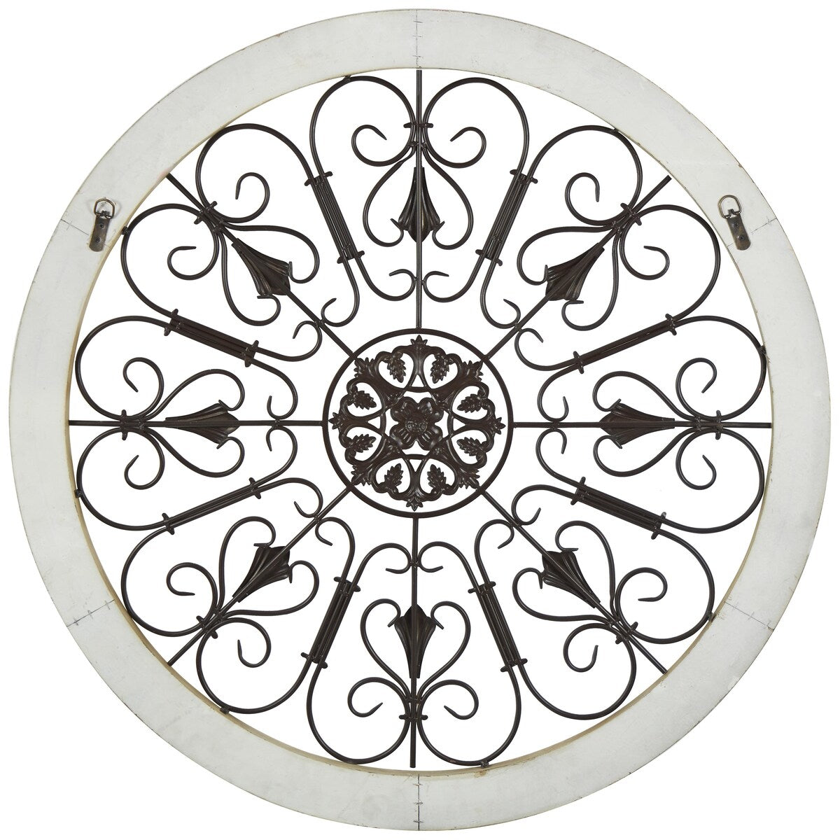 Wood Scroll Window Inspired Home Wall Decor with Metal Scrollwork Relief - White - Roche River Decor