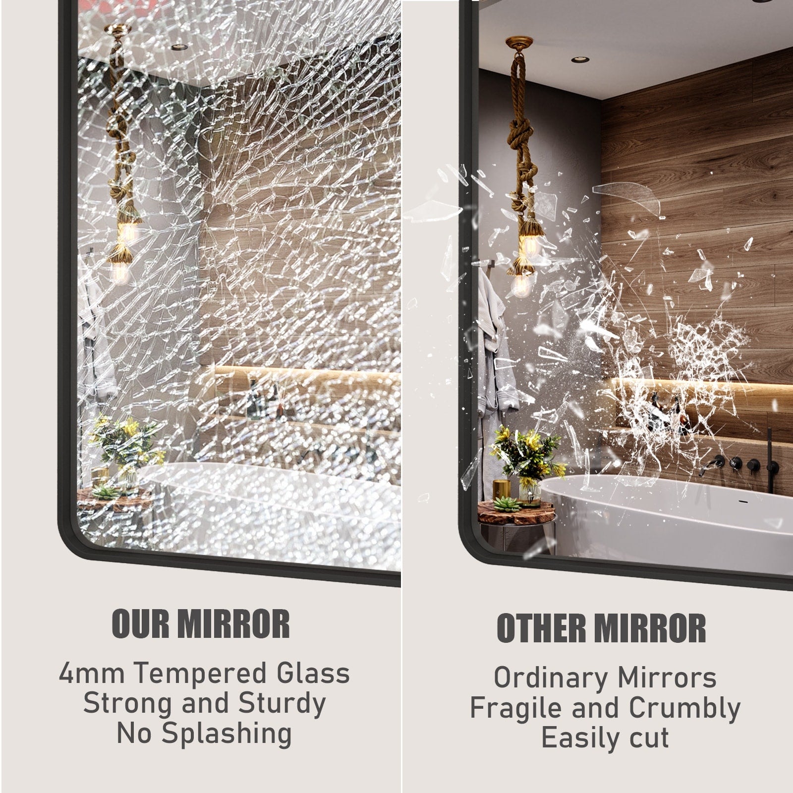 KIOTEE High-Strength Tempered Glass Bathroom Vanity Wall Mirror Modern Metal Framed