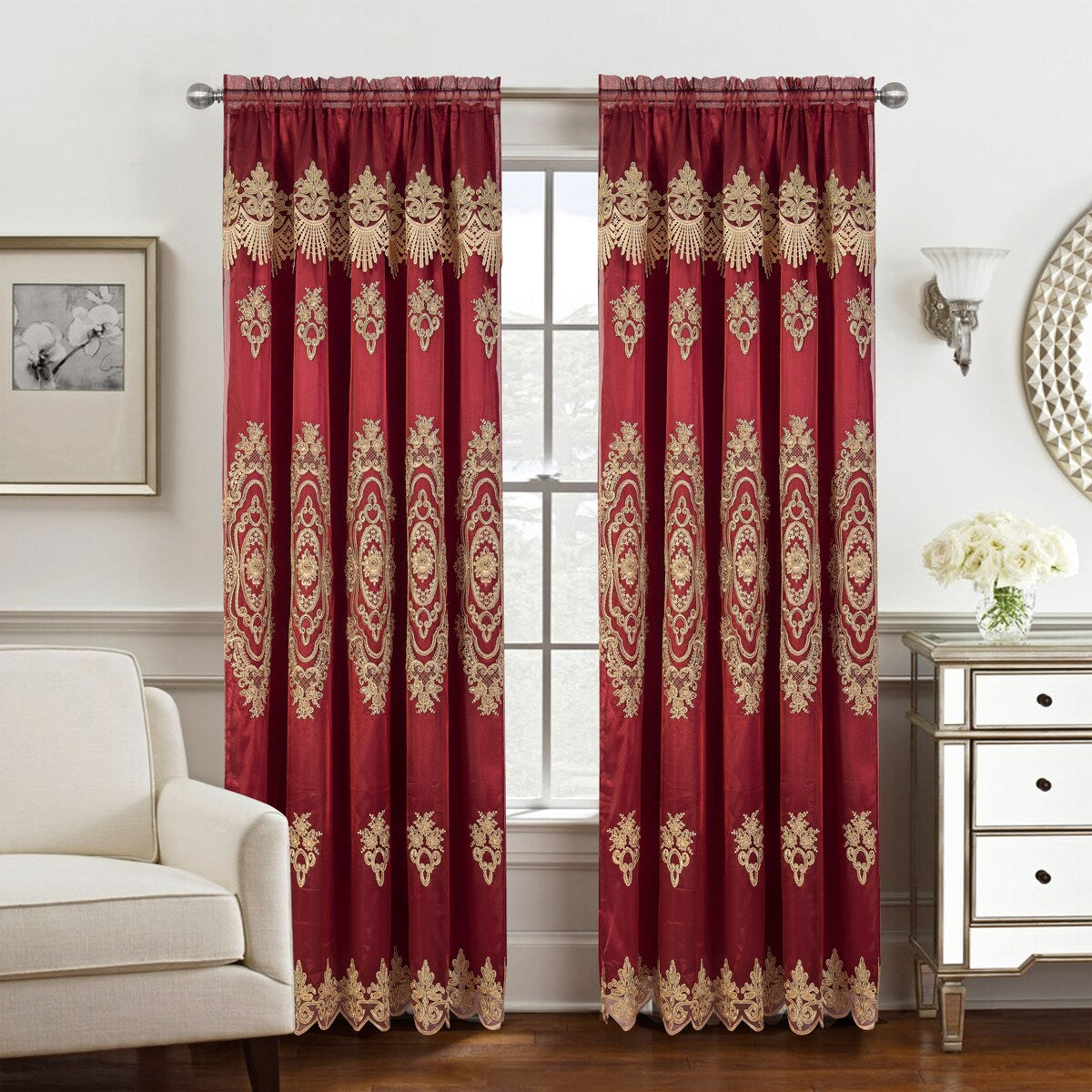 Dayton Embroidered Window Curtain Panel with Attached Valance