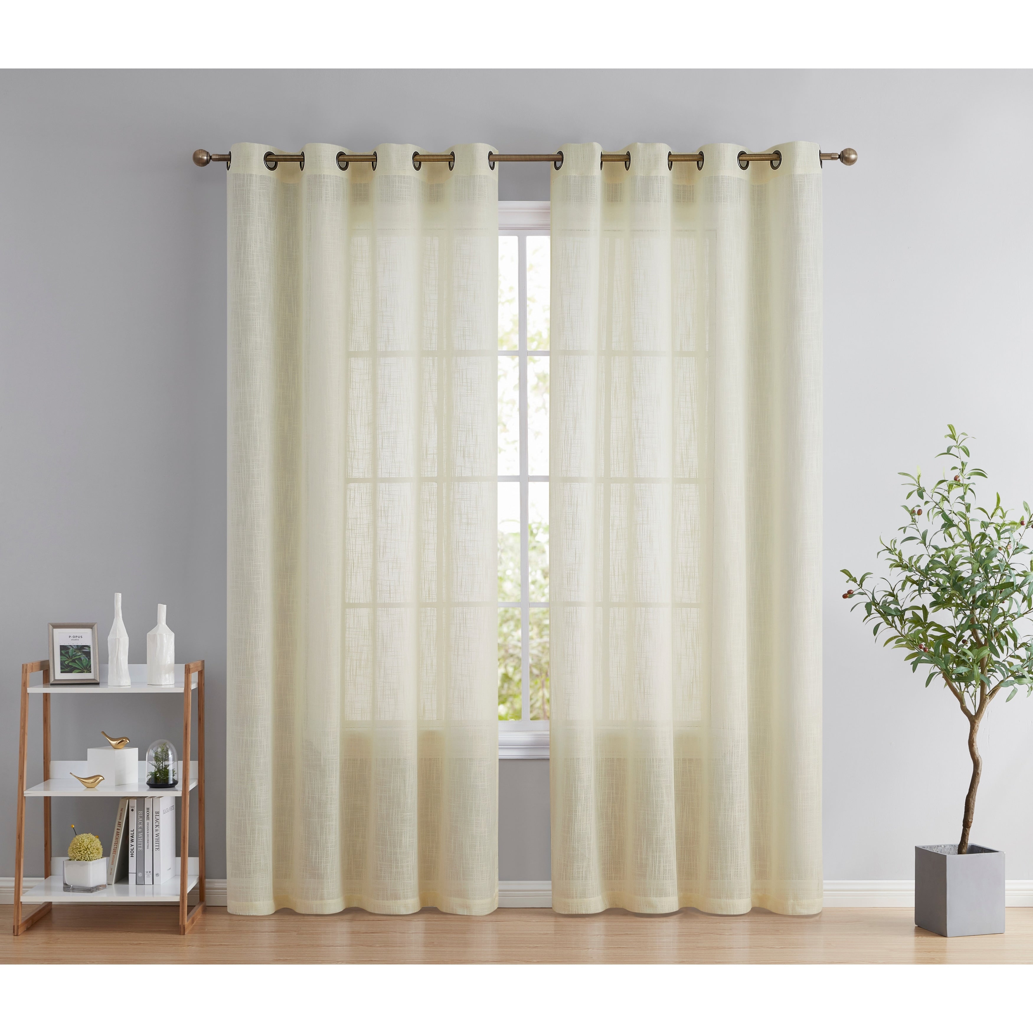 HLC.me Abbey Faux Linen Textured Semi Sheer Privacy Light Filtering Transparent Window Grommet Curtain Panels, Pair