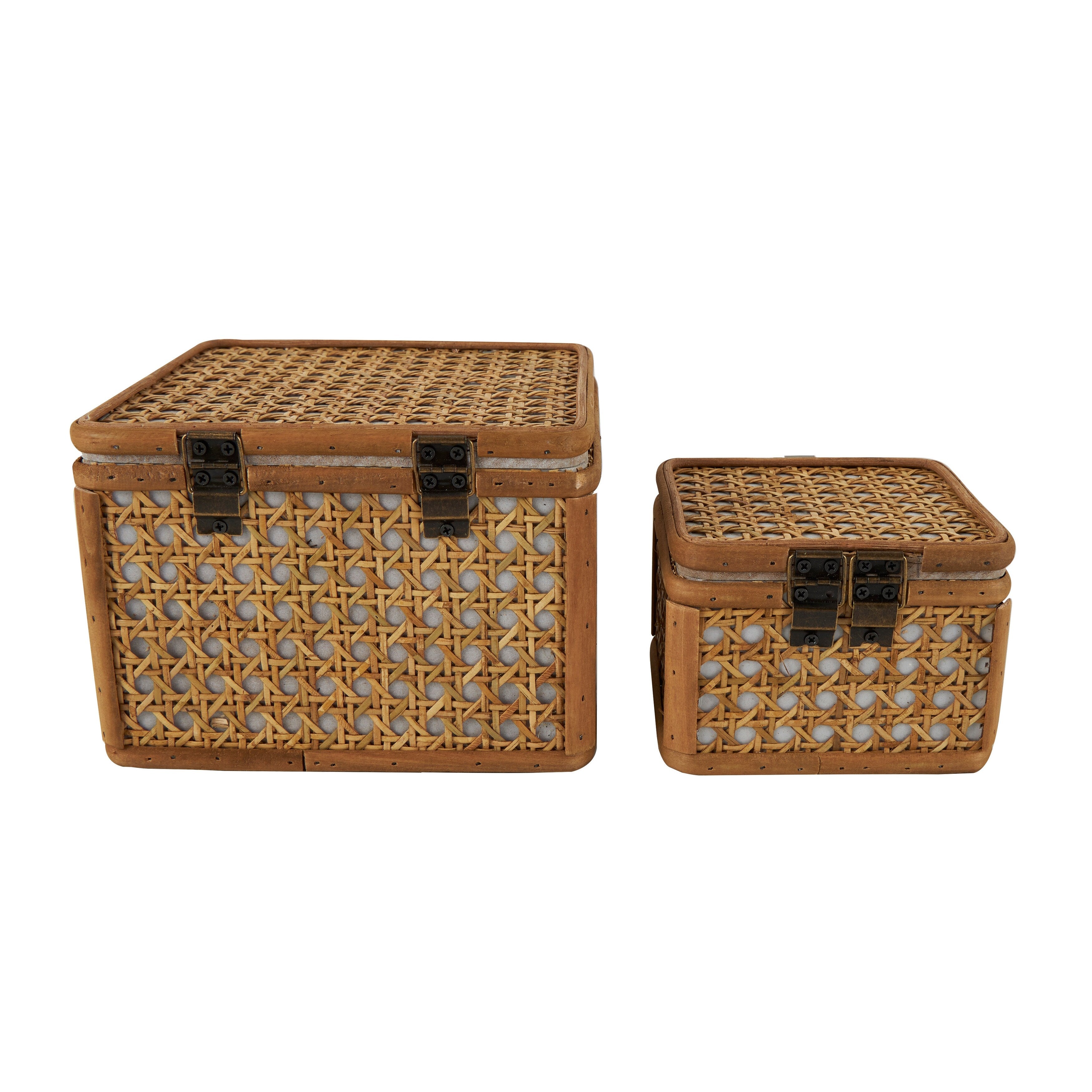 Brown Rattan Handmade Woven Rattan Decorative Box with Bronze Latches (Set of 2)