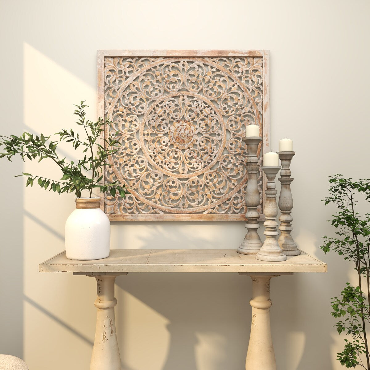 Wooden Floral Handmade Carved Scroll Mandala Home Wall Decor with Brown Distressing - Gray - Roche River Decor