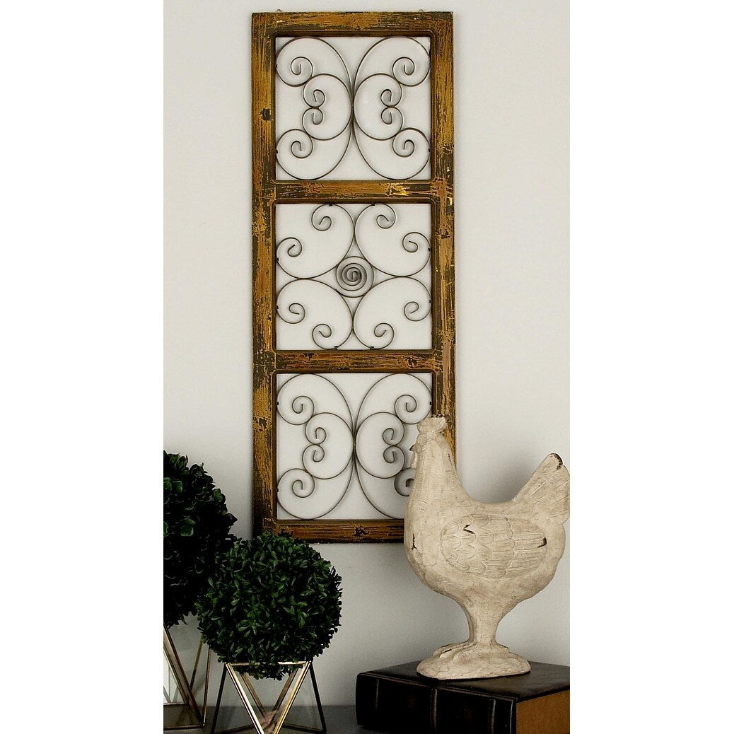 Wood Scroll Distressed Panel Home Wall Decor with Bronze Metal Scrollwork - Brown - Roche River Decor