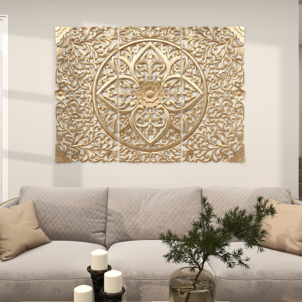 Wood Floral Handmade Intricately Carved Home Wall Decor with Mandala Design - Set of 3 Gold - Roche River Decor