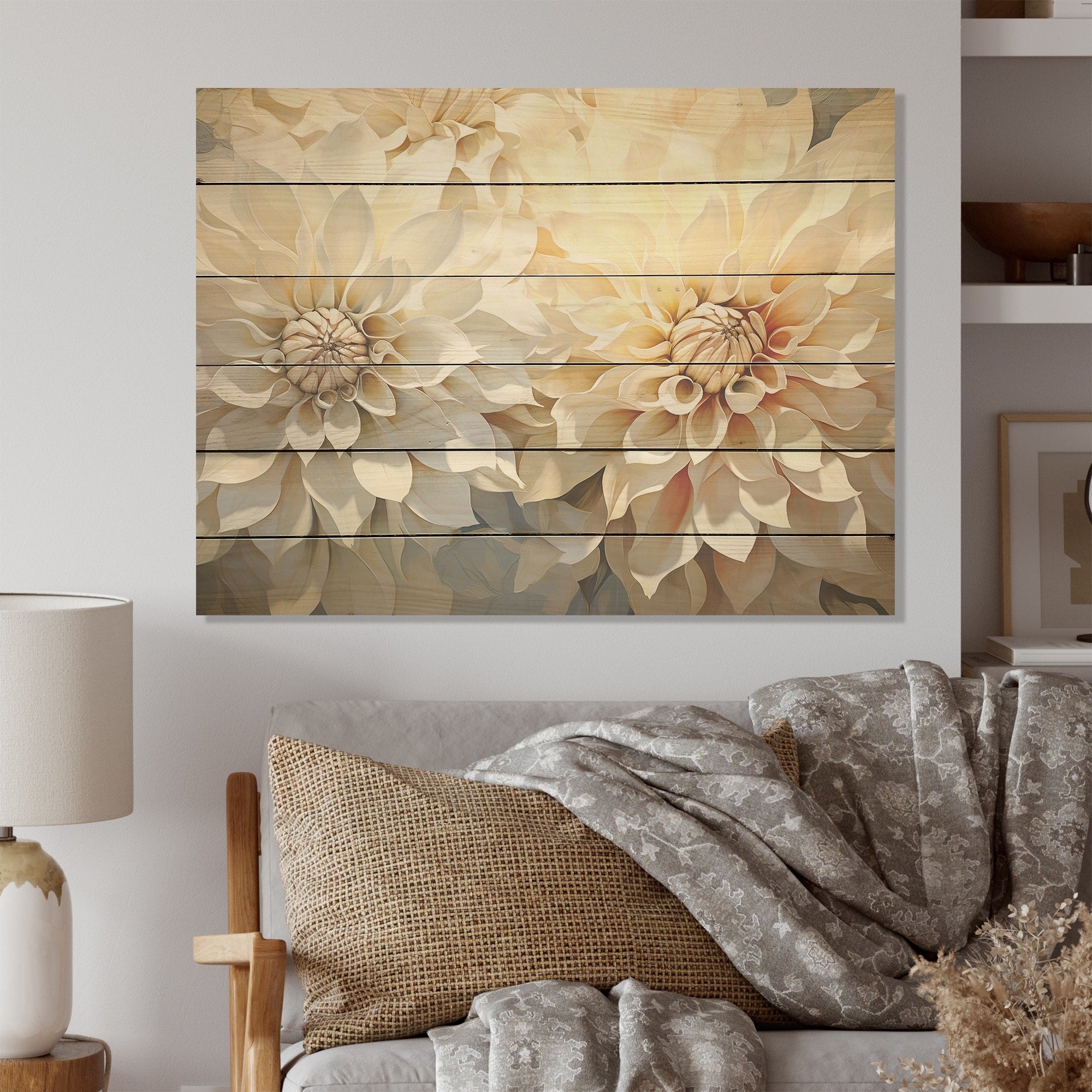 Designart White Dahlia Flowers Minimalism Dahlia Wood Wall Decor - Traditional Beige Wood Panel On Natural Pine Wood