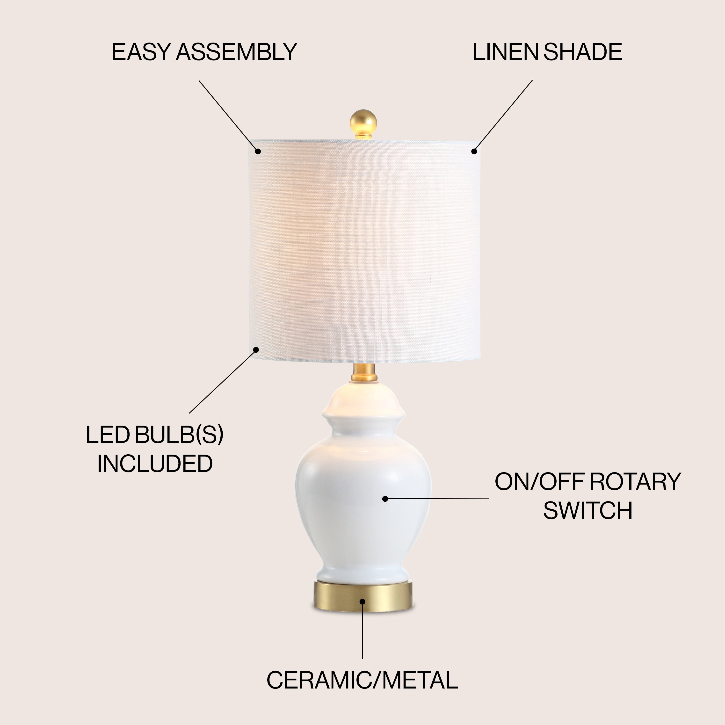 Perry 20 Ceramic/Metal LED Table Lamp, White/Brass Gold by JONATHAN Y