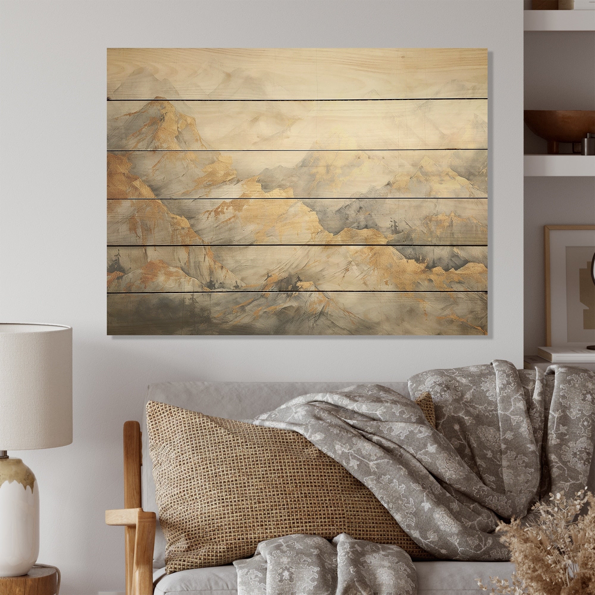 Designart Bold Beige And Gold Mountain Glacier Forest Wood Wall Decor - Traditional Wood Panel On Natural Pine Wood