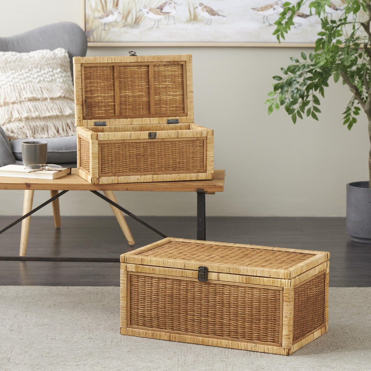 Rattan Handmade Woven Storage Decorative Box with Wrapped Light Brown Edges - Set of 2 Brown - Roche River Decor