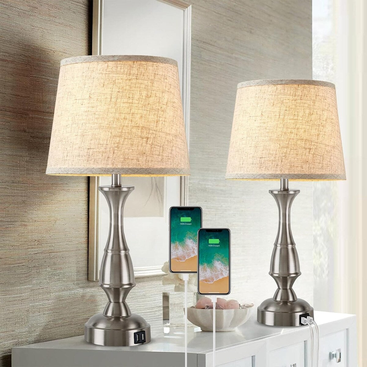 Table Lamps with 2 USB Charging Ports, 3 Ways Dimmable Touch Control Nightstand Bedside Lamps Bedroom Decor