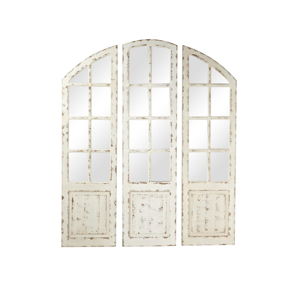 Wood Window Pane Inspired Room Wall Mirror with Arched Top and Distressing - Set of 3 White - Roche River Decor