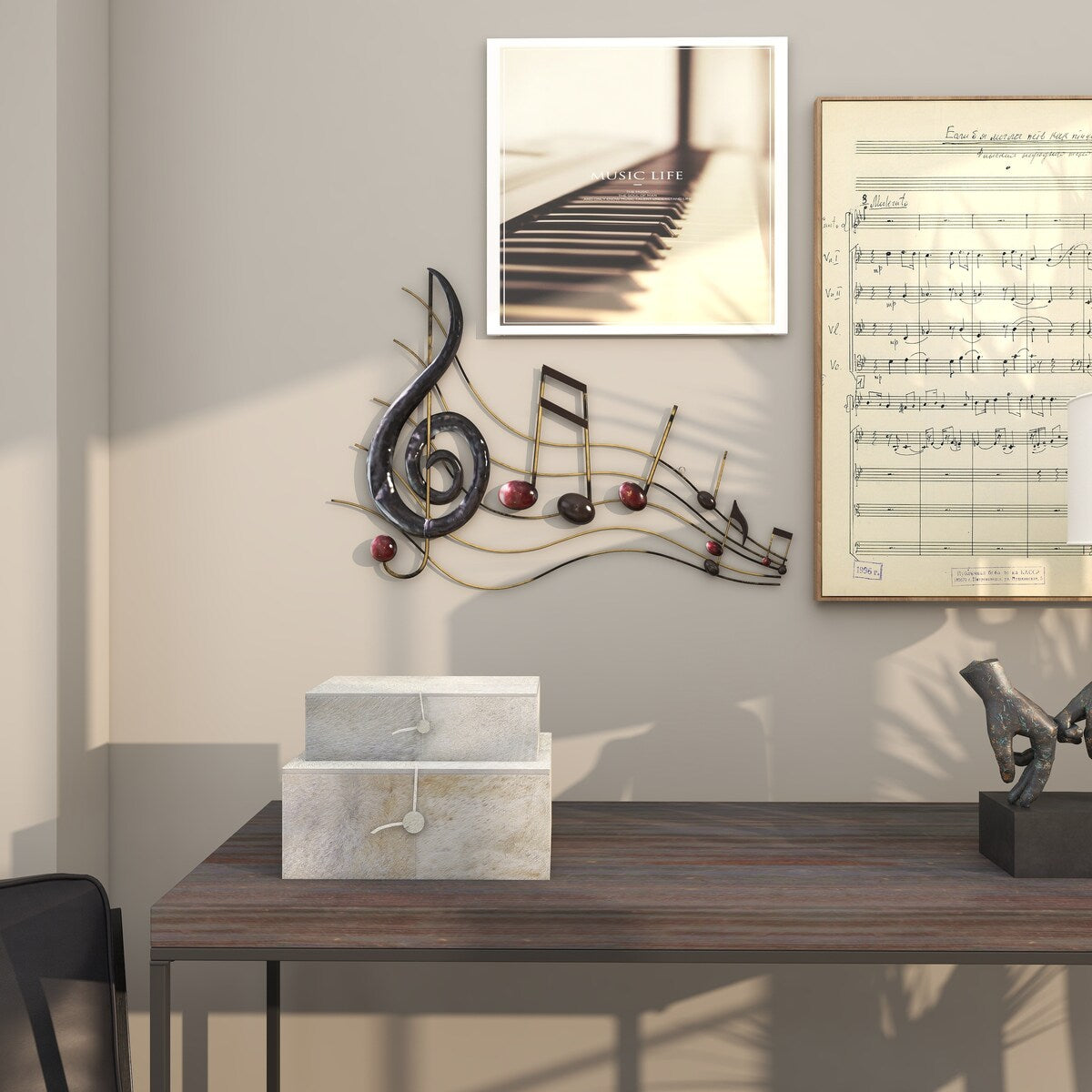 Metal Musical Notes Home Wall Decor with Gold Details - Brown - Roche River Decor