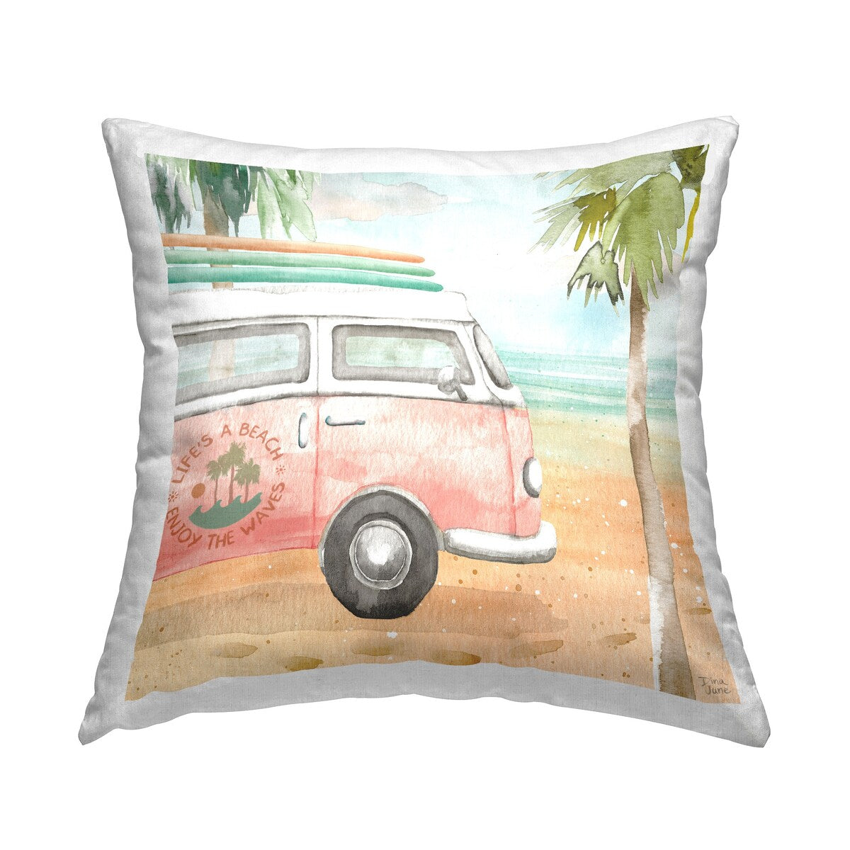 Stupell Pink Bus Van Tropical Vacation Beach Scene Printed Throw Pillow by Dina June