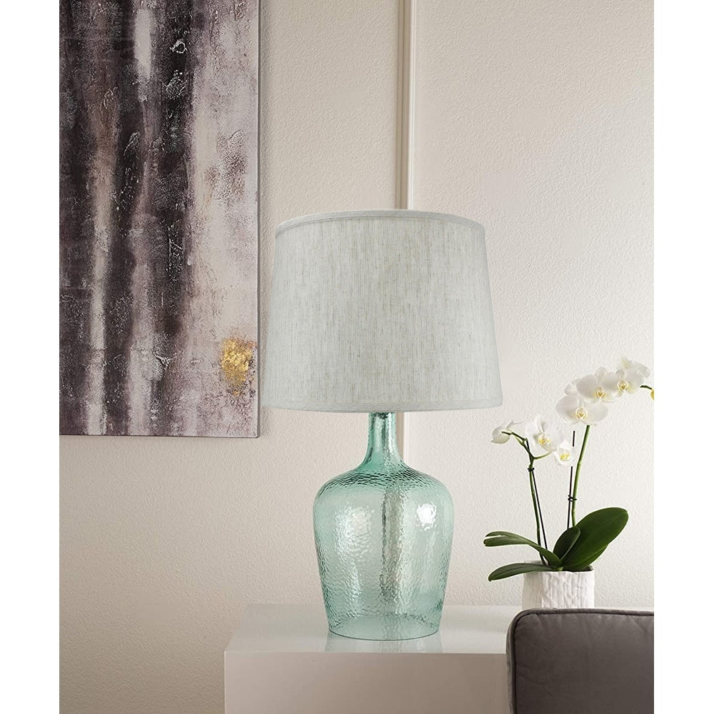 19h Artisanal Hand-Blown Aqua Green Sea Glass Coastal Style Table Lamp with Textured Oatmeal Drum Shade