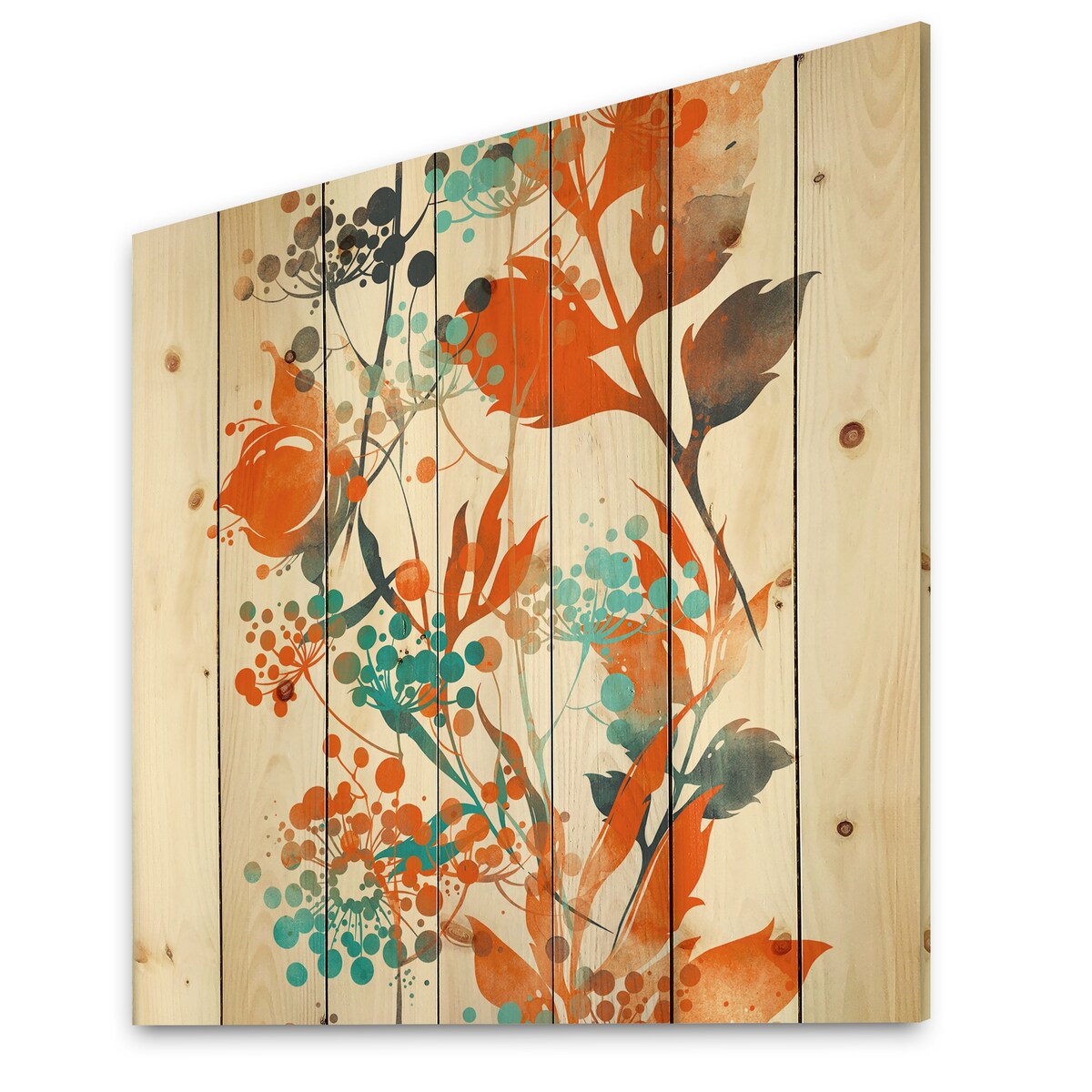 Designart 'Green and Orange Wildflowers III' Modern Print on Natural Pine Wood