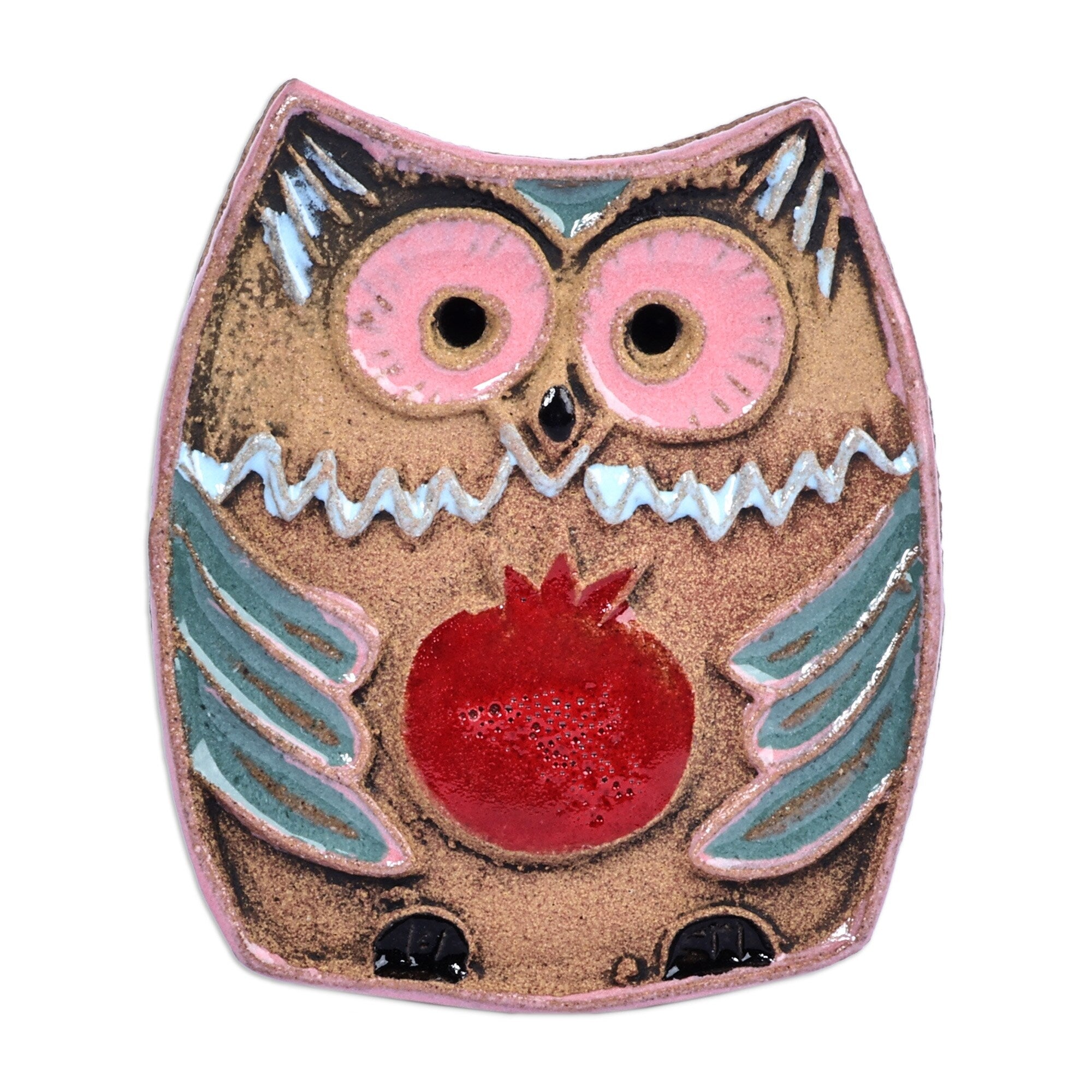 Novica Handmade Pomegranate Owl Ceramic Magnet