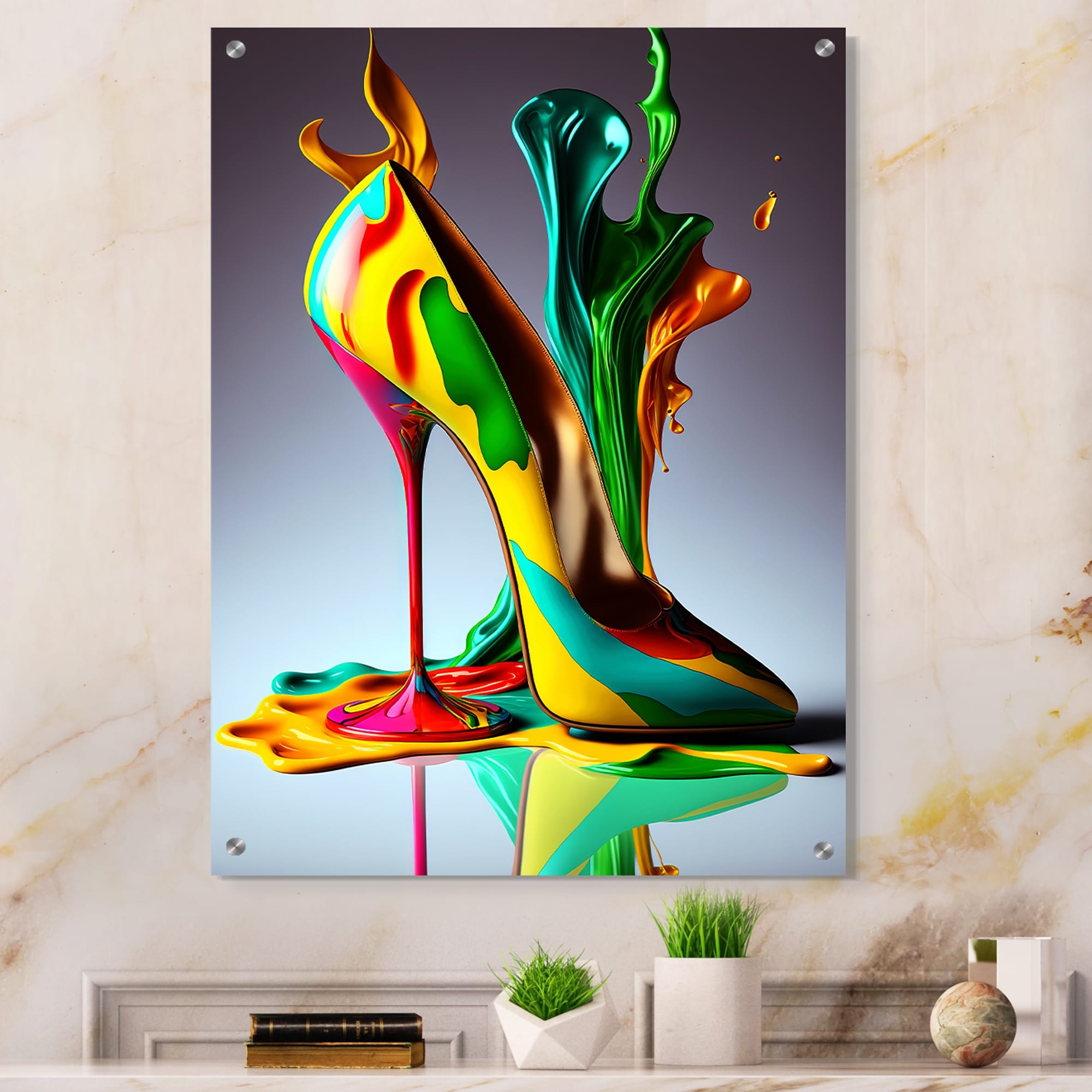 Designart Multicolor Glass High Heel Shoe III Fashion Gloss Wall Decor Green - Glam Acrylic Wall Art For Bedroom