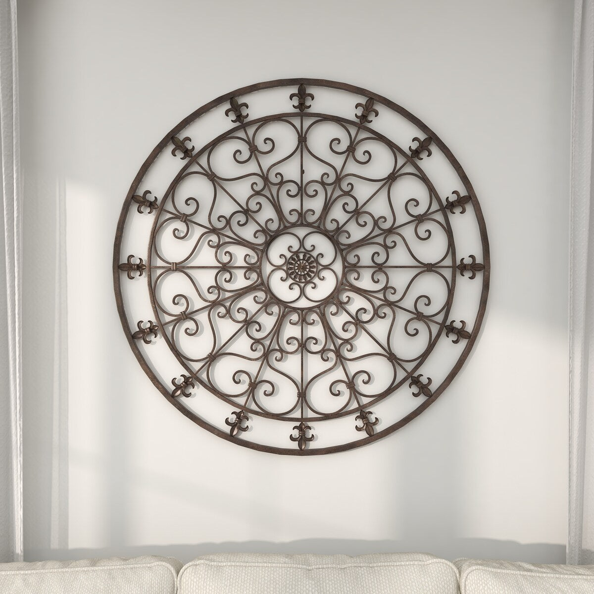 Metal Fleur De Lis Circle Home Wall Decor with Scrollwork - Black - Roche River Decor