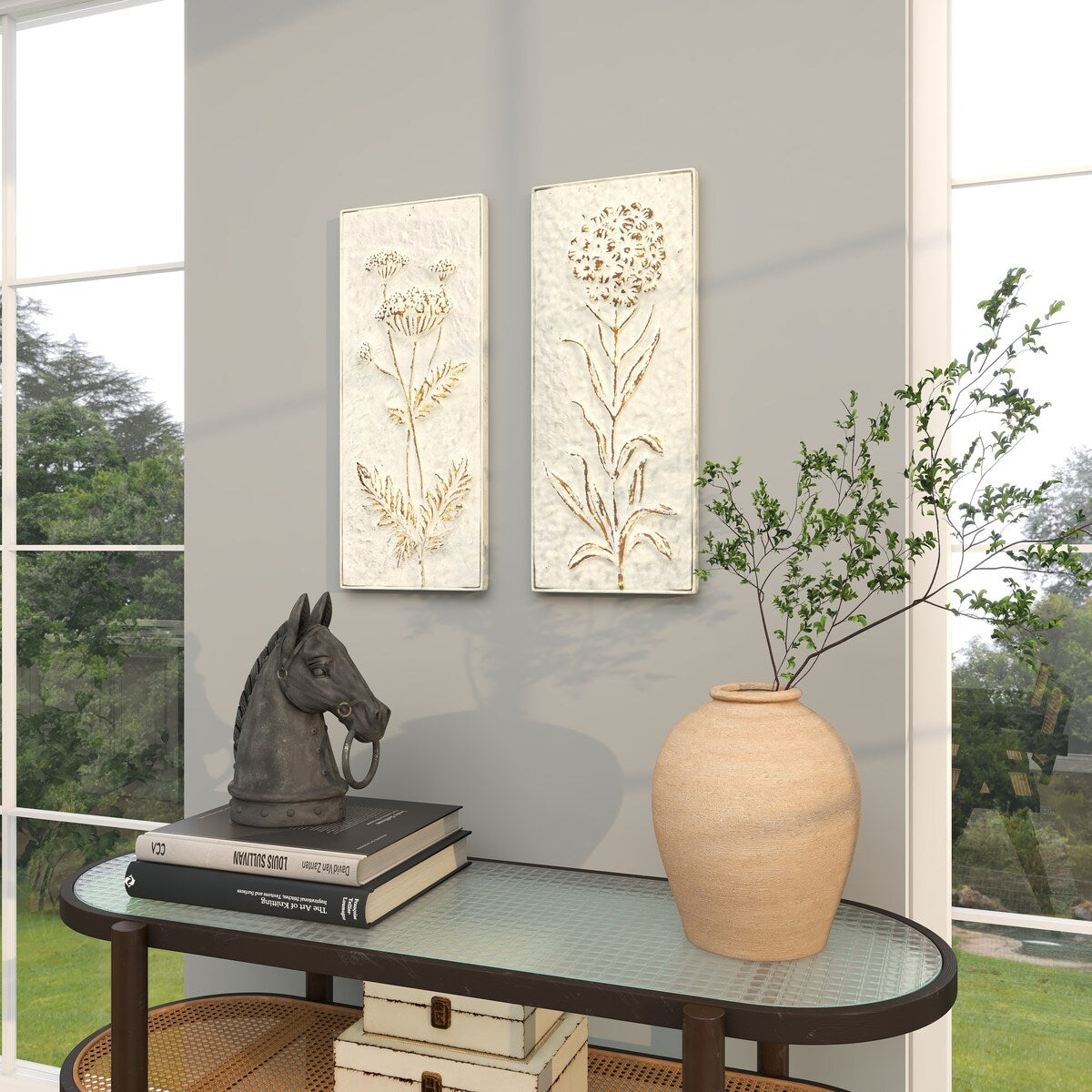 Metal Floral Relief Home Wall Decor with Gold Detailing - Set of 2 White - Roche River Decor