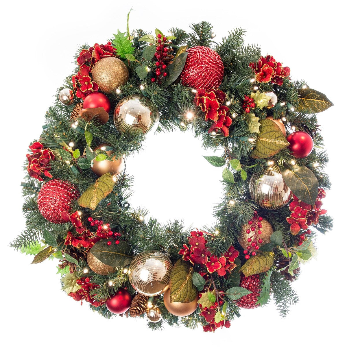 30 in. Lighted Christmas Wreath - Scarlet Hydrangea - Red