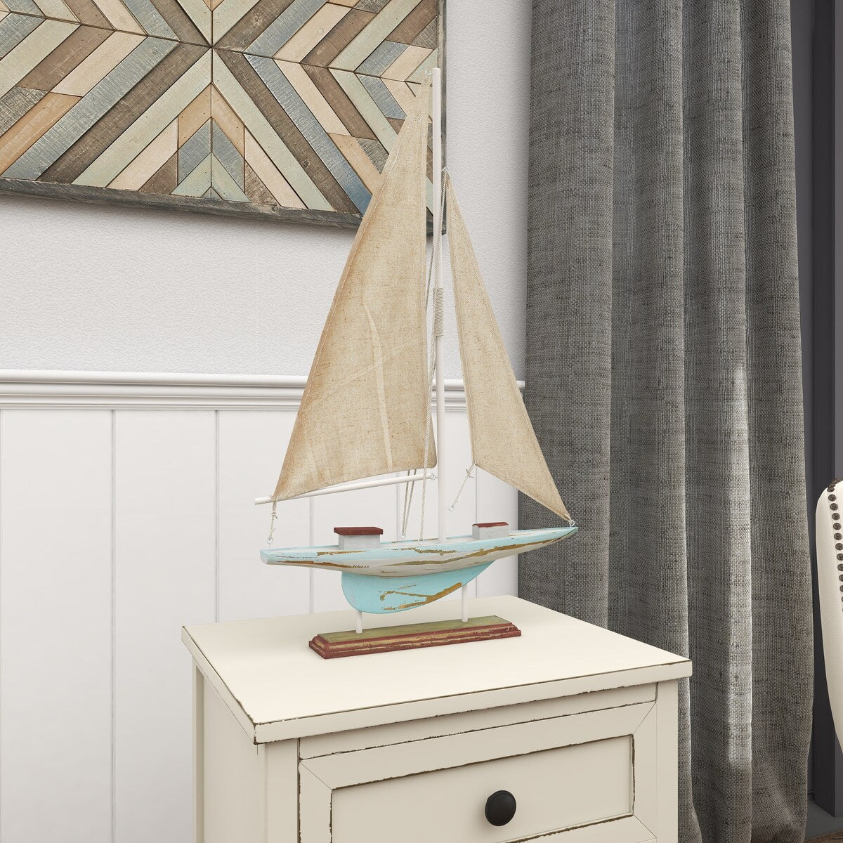 Wood Sail Boat Distressed Decorative Sculpture with Cream Linen Sails and Brown Accents - Blue - Roche River Decor