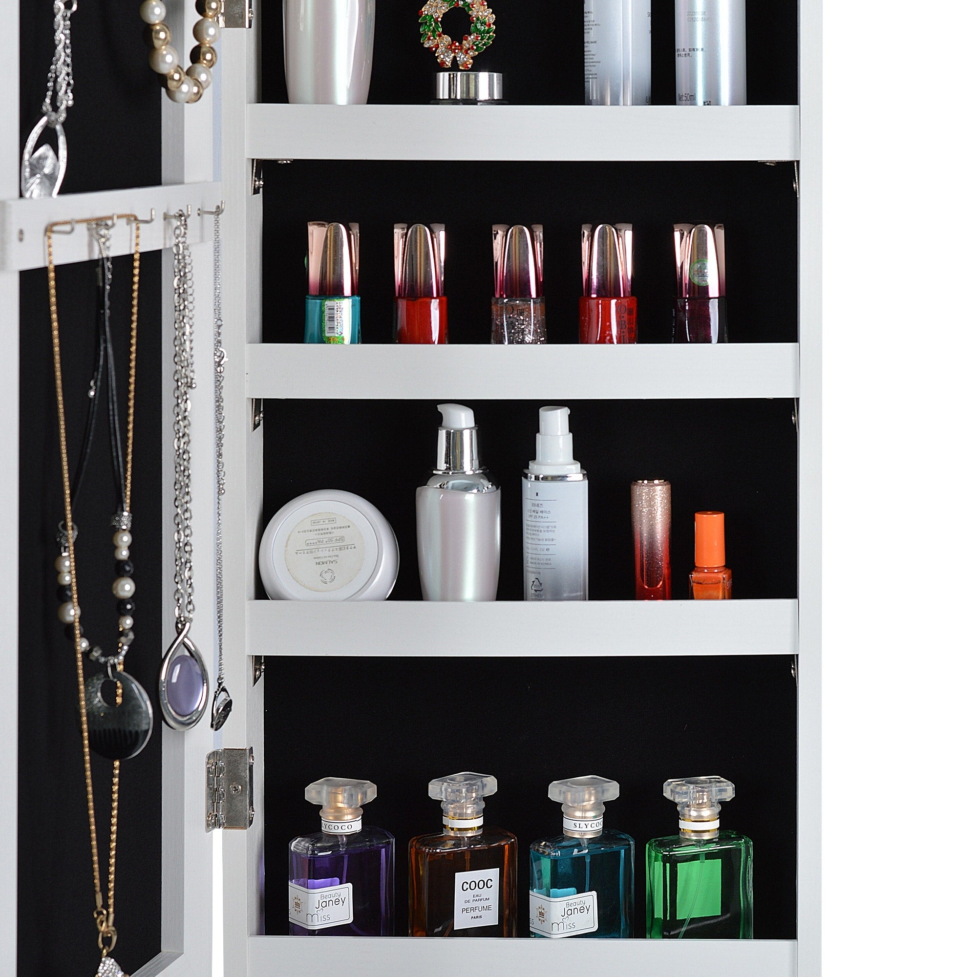 Full Mirror Jewelry Storage Cabinet with LED Light, Wall and Door Mountable