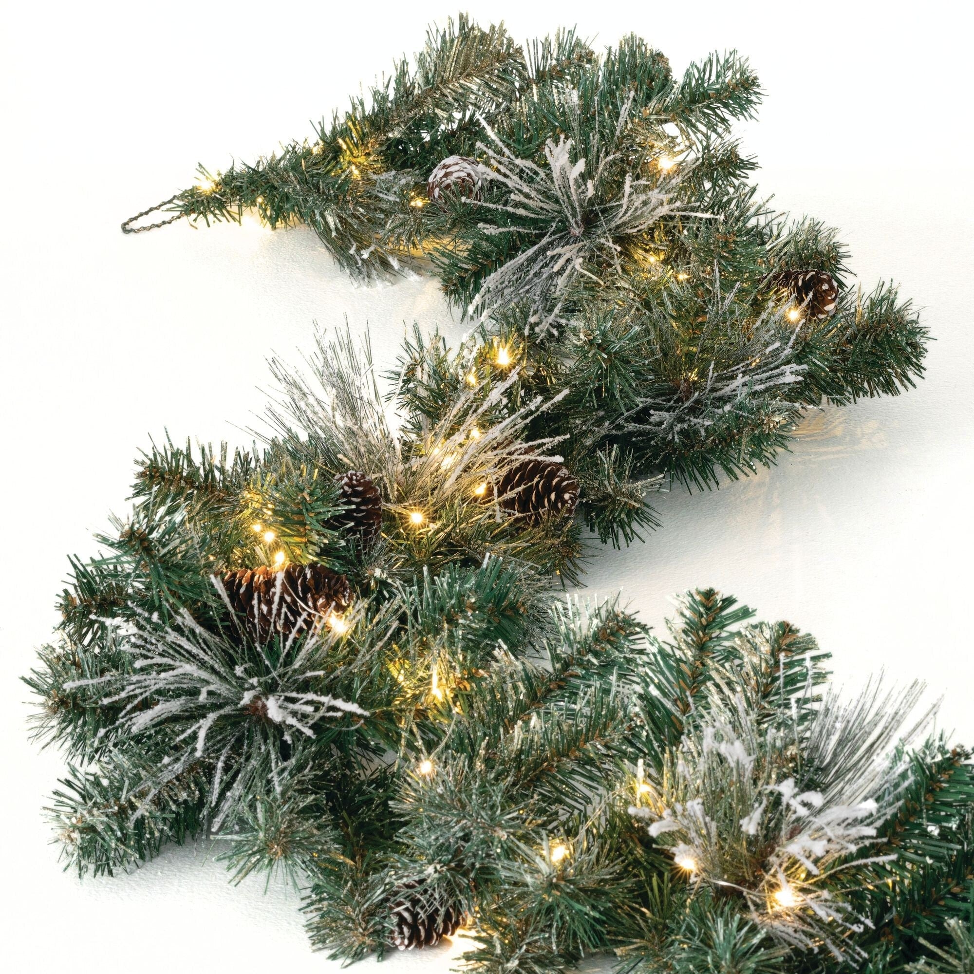 Sullivans Artificial 9' Flocked LED Pine Christmas Garland with Pinecones, Green, Indoor Christmas Decor