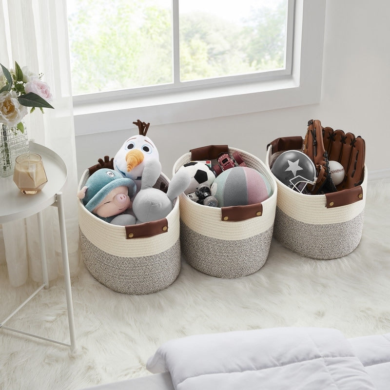 3 Pack Woven Cotton Rope Shelf Storage Basket with Leather Handles, Baby Nursery Storage Bin Organizers, Closet Shelf Storage