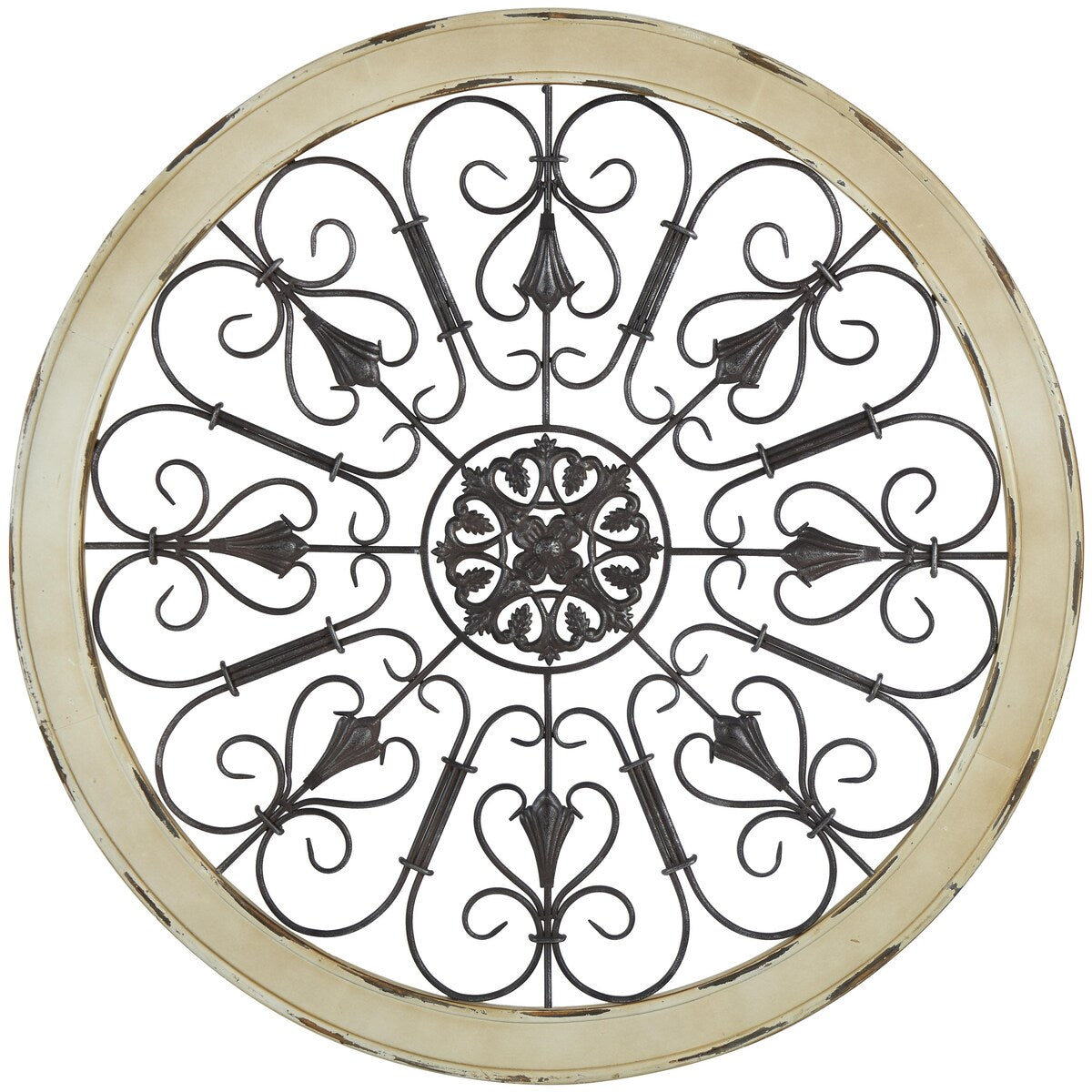 Wood Scroll Window Inspired Home Wall Decor with Metal Scrollwork Relief - White - Roche River Decor