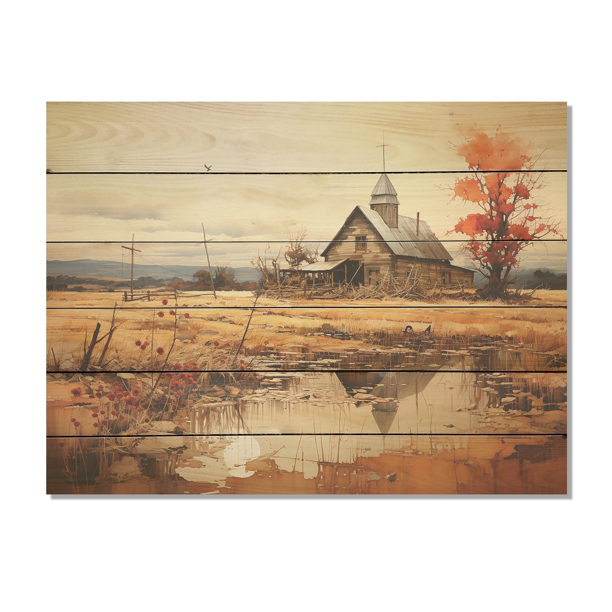 Designart Peaceful Barnyard Landscape I Farm Wood Wall Decor - Country Coral Wood Panel On Natural Pine Wood