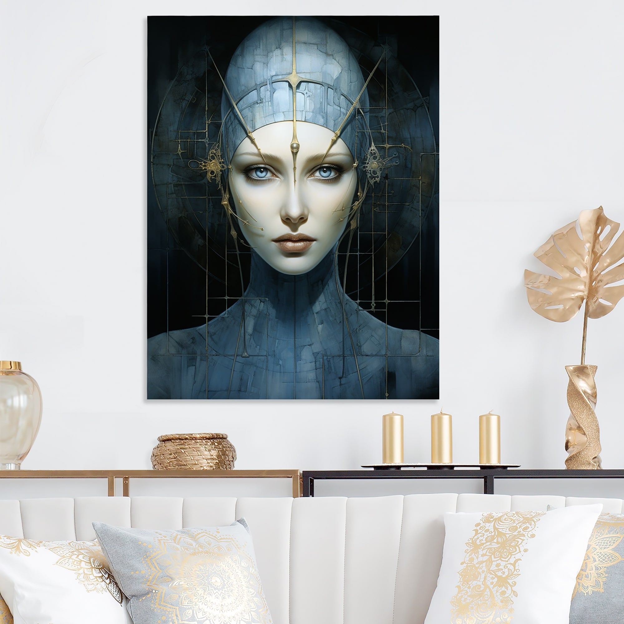 Designart Blue Gothic Woman Portrait Woman Pop Art Metal Wall Art - Blue Metal Wall Décor Modern Metal Art Work