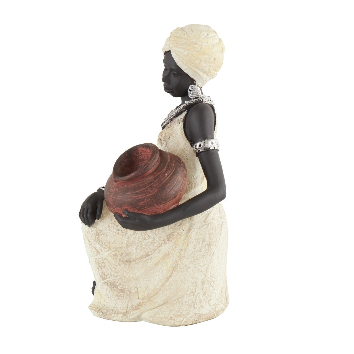 Polystone Woman Sitting African Decorative Sculpture with Red Water Pot - Cream - Roche River Decor