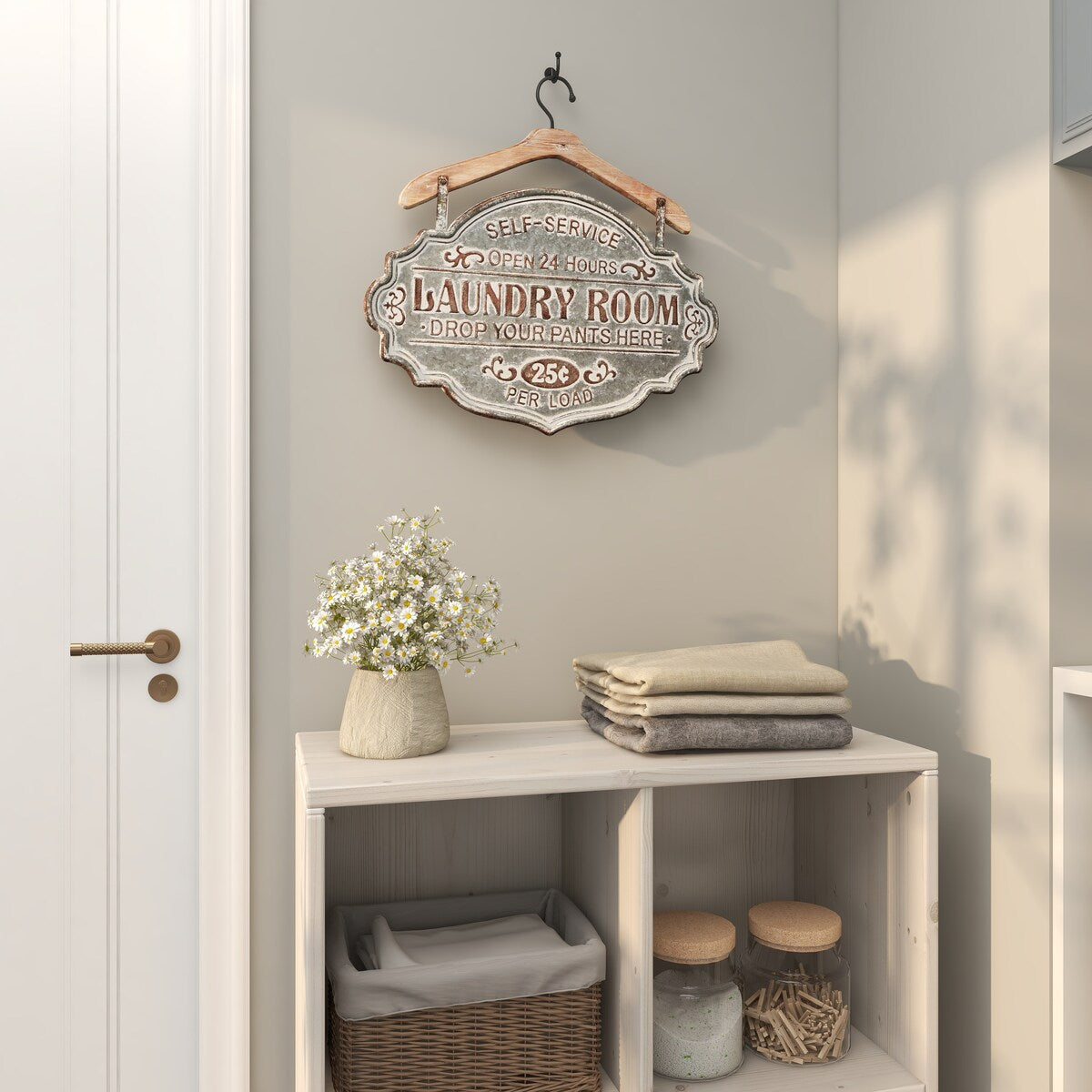 Metal Sign Laundry Room Home Wall Decor with Brown Wood Hanger - Gray - Roche River Decor