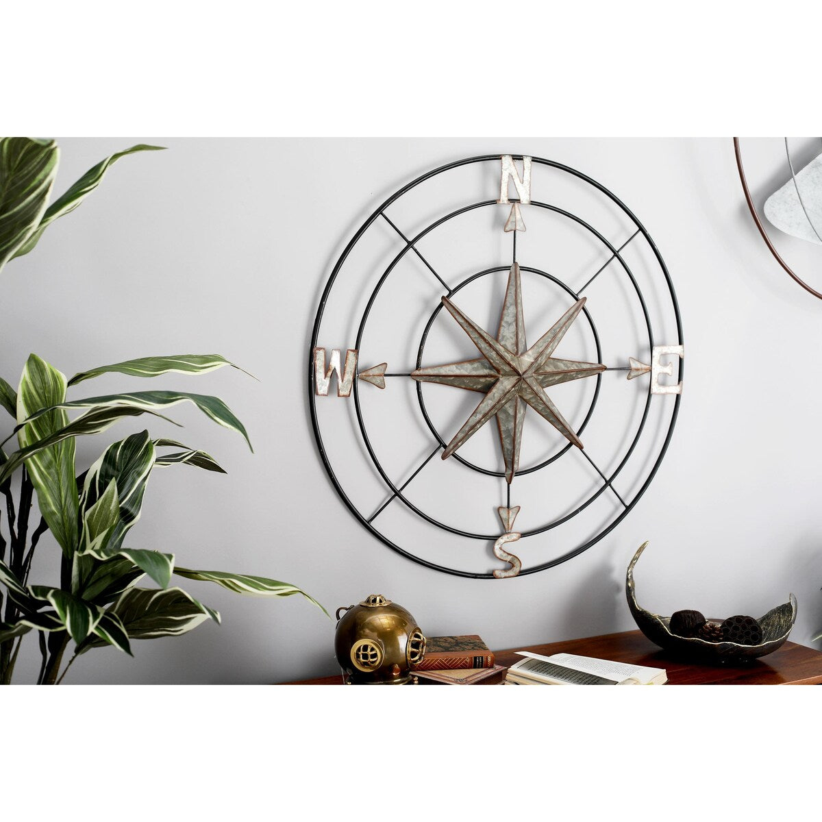 Metal Compass Indoor Outdoor Home Wall Decor with Distressed Copper Like Finish - Gray - Roche River Decor