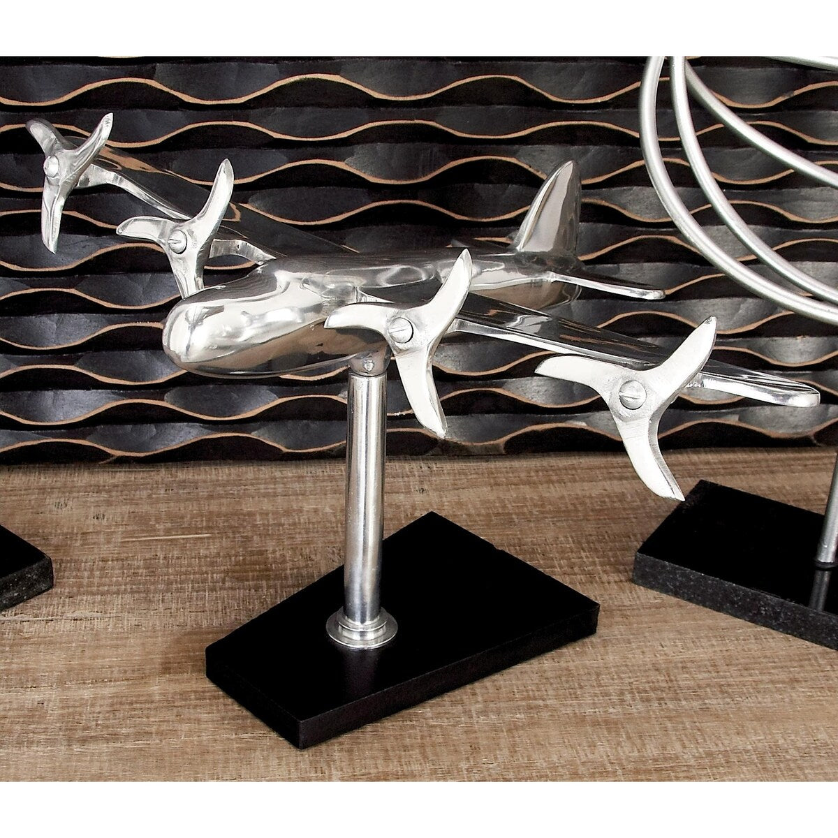 Aluminum Metal Airplane Decorative Sculpture with Black Base - Silver - Roche River Decor