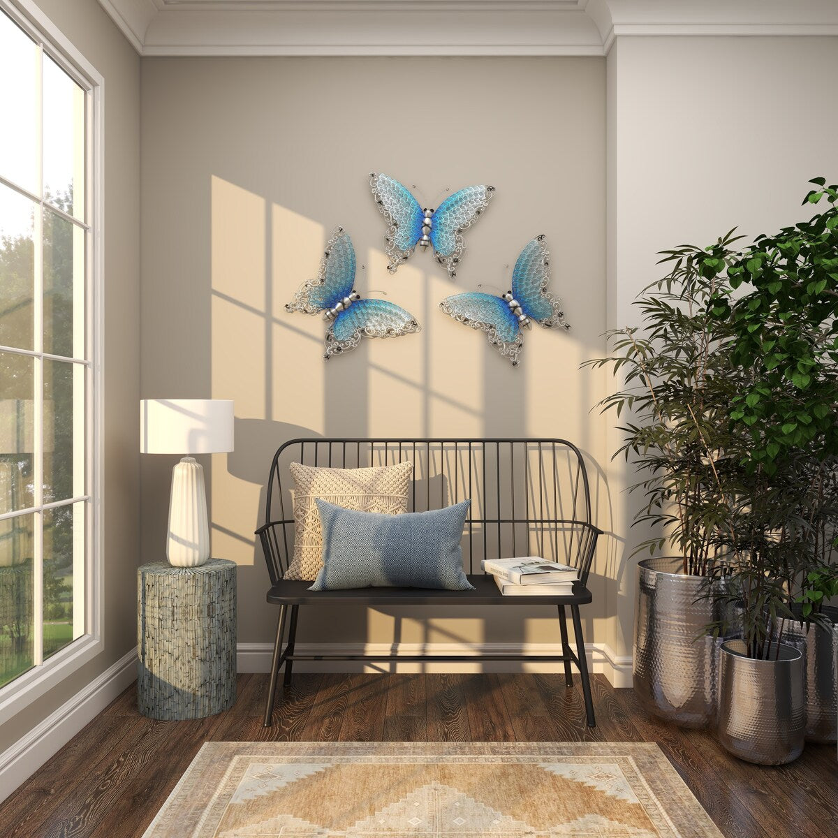 Metal Butterfly Indoor Outdoor Home Wall Decor - Silver, Green, Pink - Roche River Decor