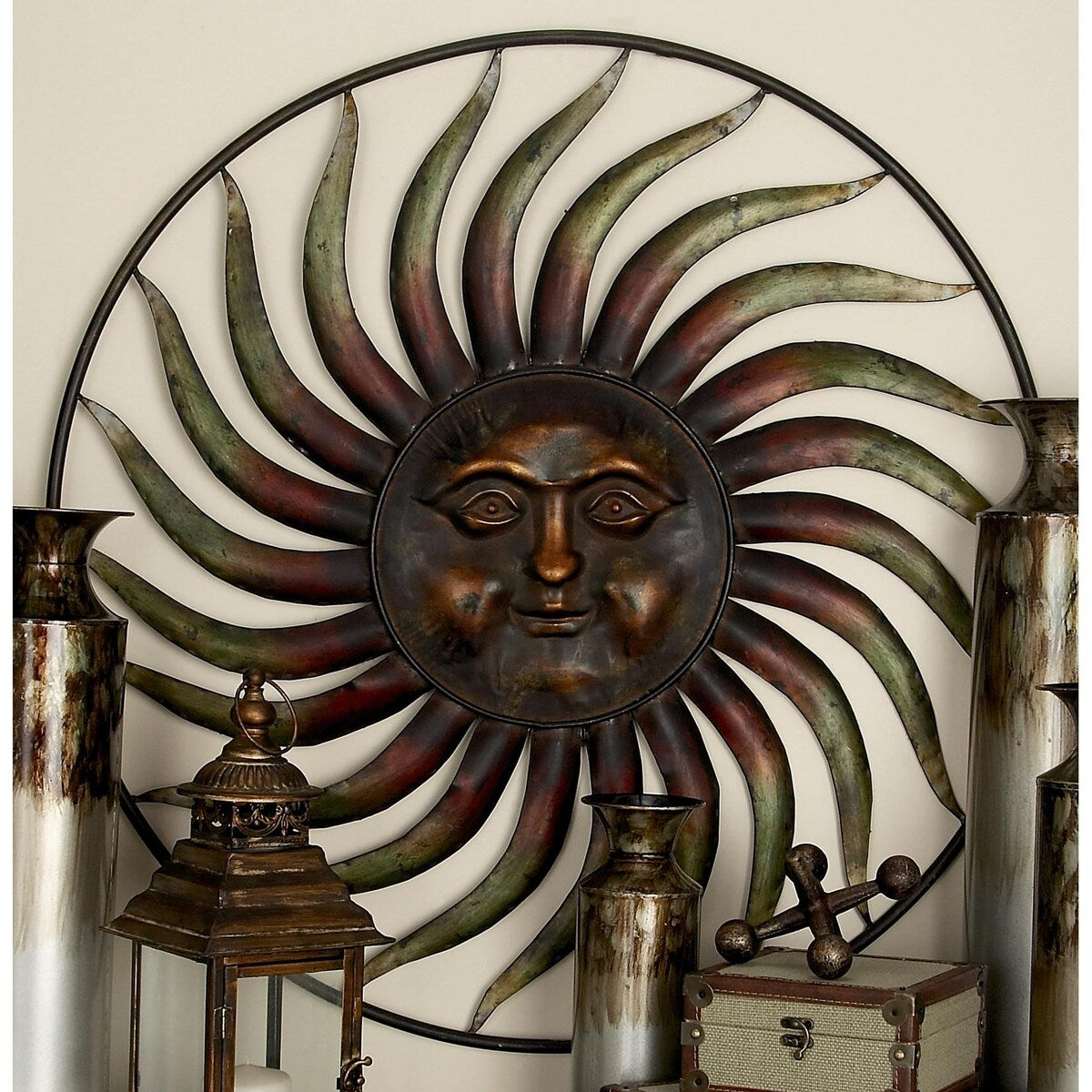 Metal Sun Indoor Outdoor Weathered Home Wall Decor with Green Accents - Copper - Roche River Decor