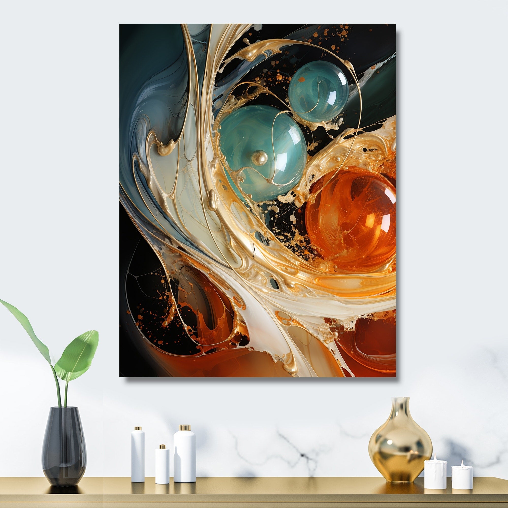 Designart White Blue And Orange Ink Storm V Abstract Metal Wall Art - Orange Metal Wall Décor Modern Metal Art Work