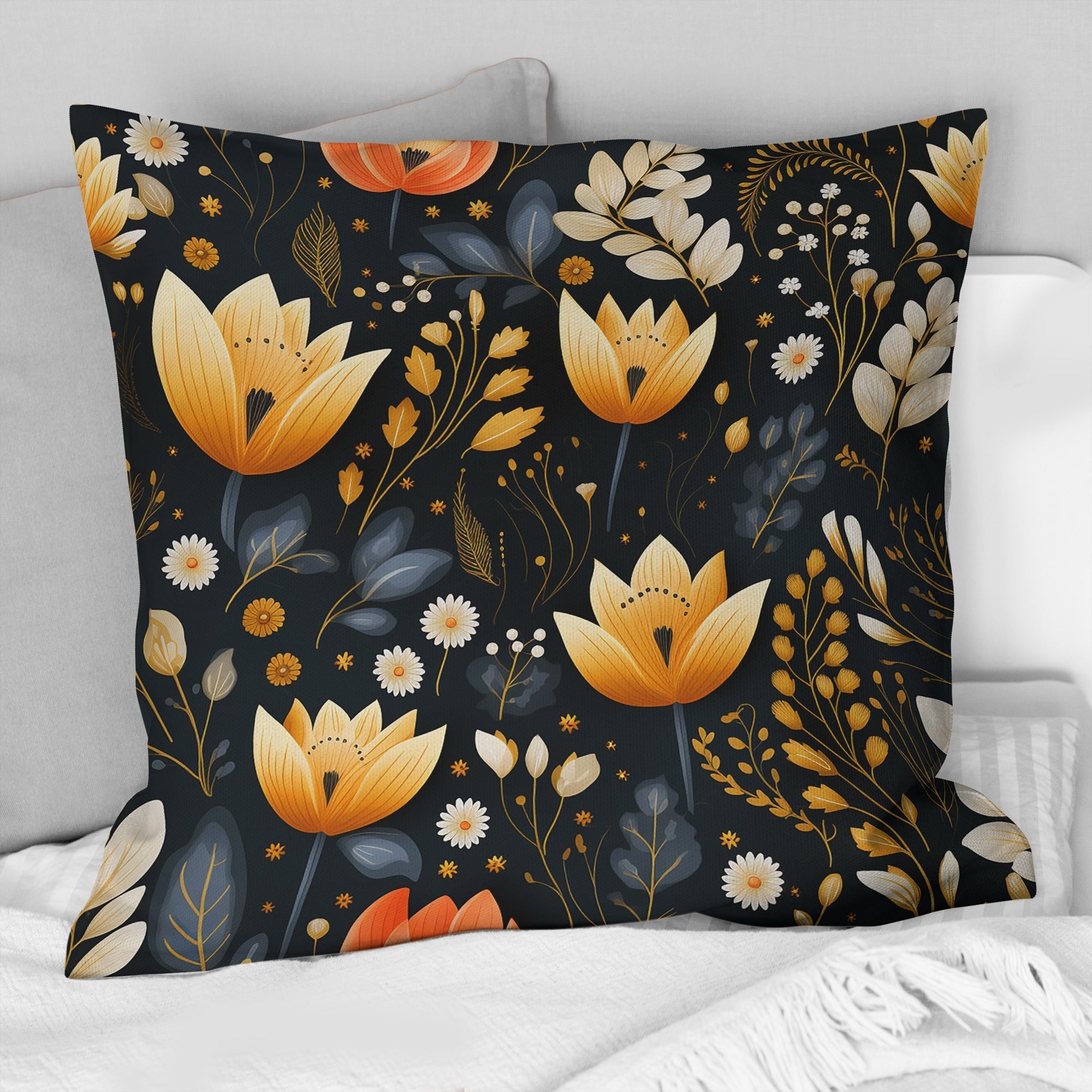 Designart Retro Flair Black And Yellow Ferns Pattern II Floral Printed Throw Pillow