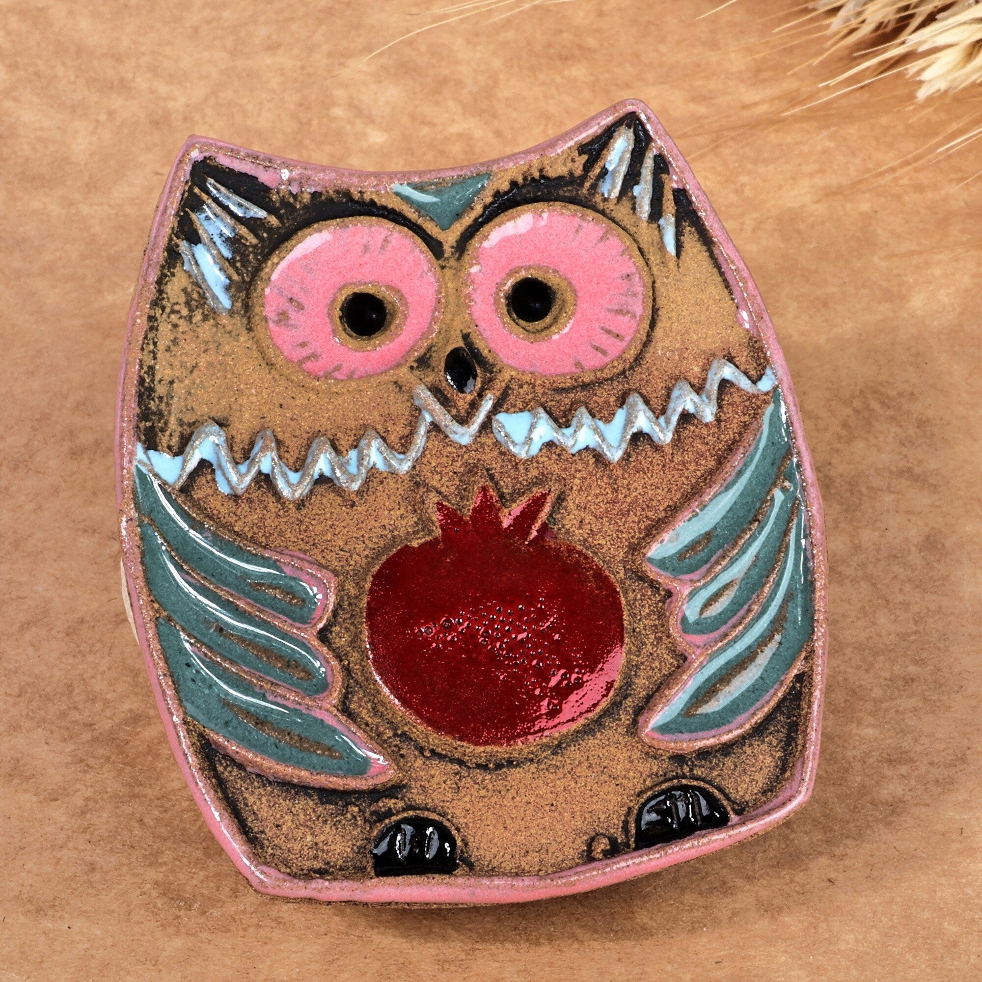 Novica Handmade Pomegranate Owl Ceramic Magnet