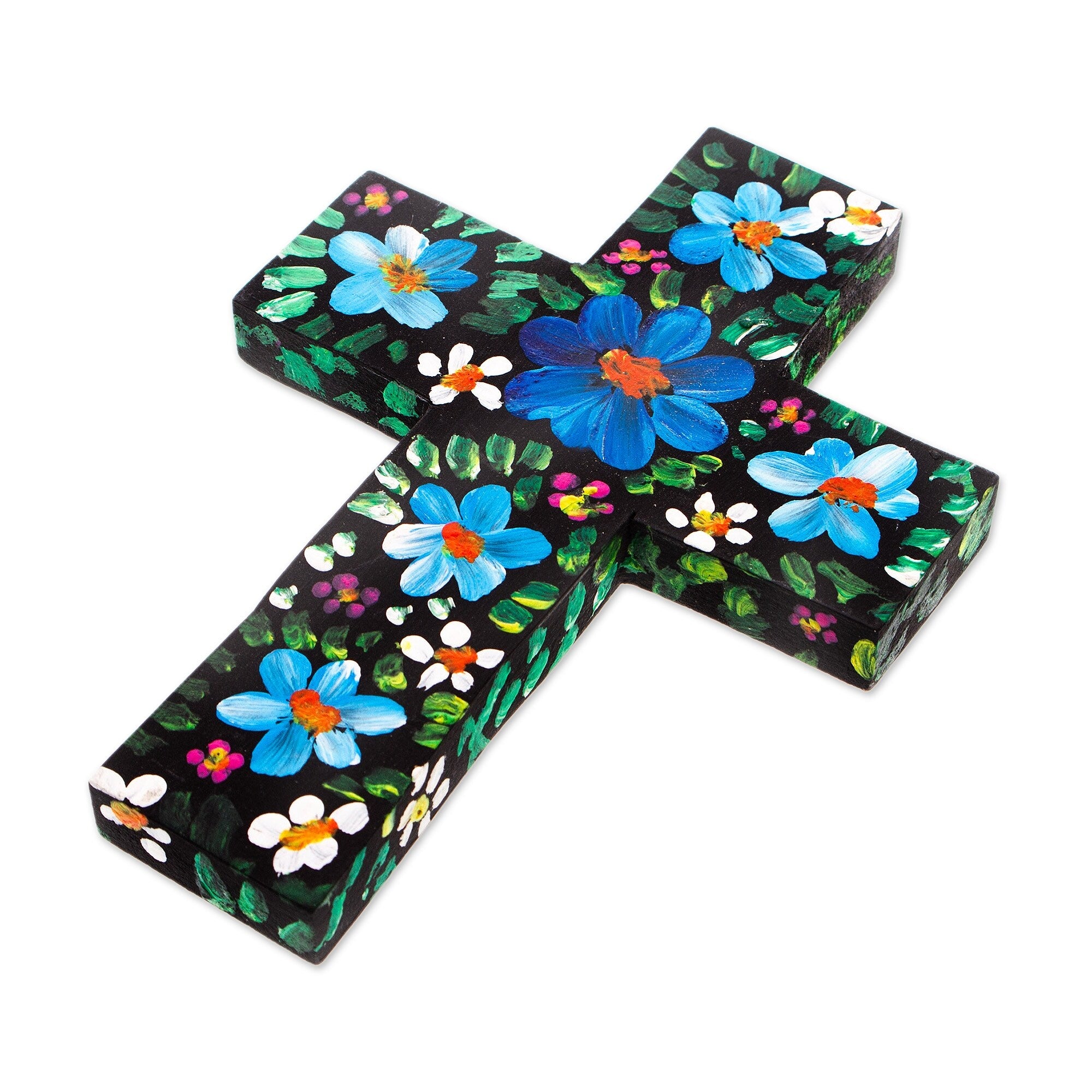 Novica Handmade Cyan Prayers Wood Cross