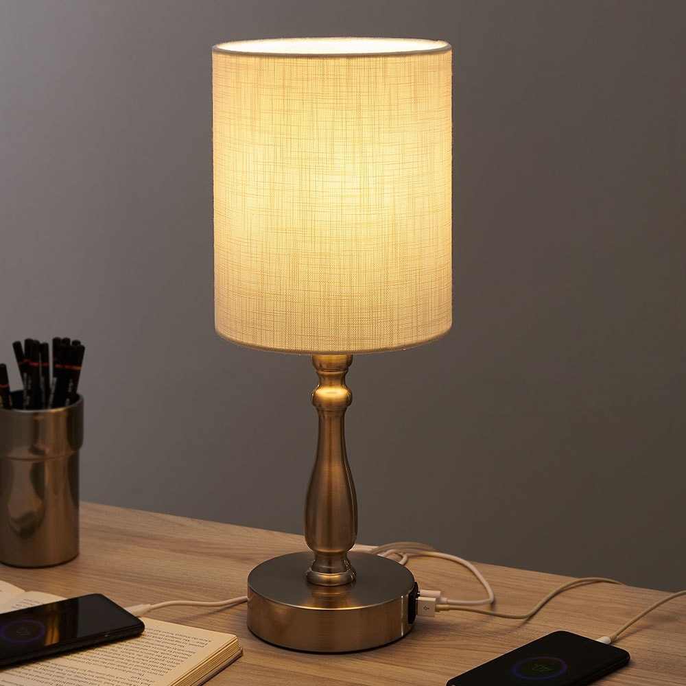 3-Way Dimmable Touch Control Small Table Lamp with 2 USB Port, Brushed Steel