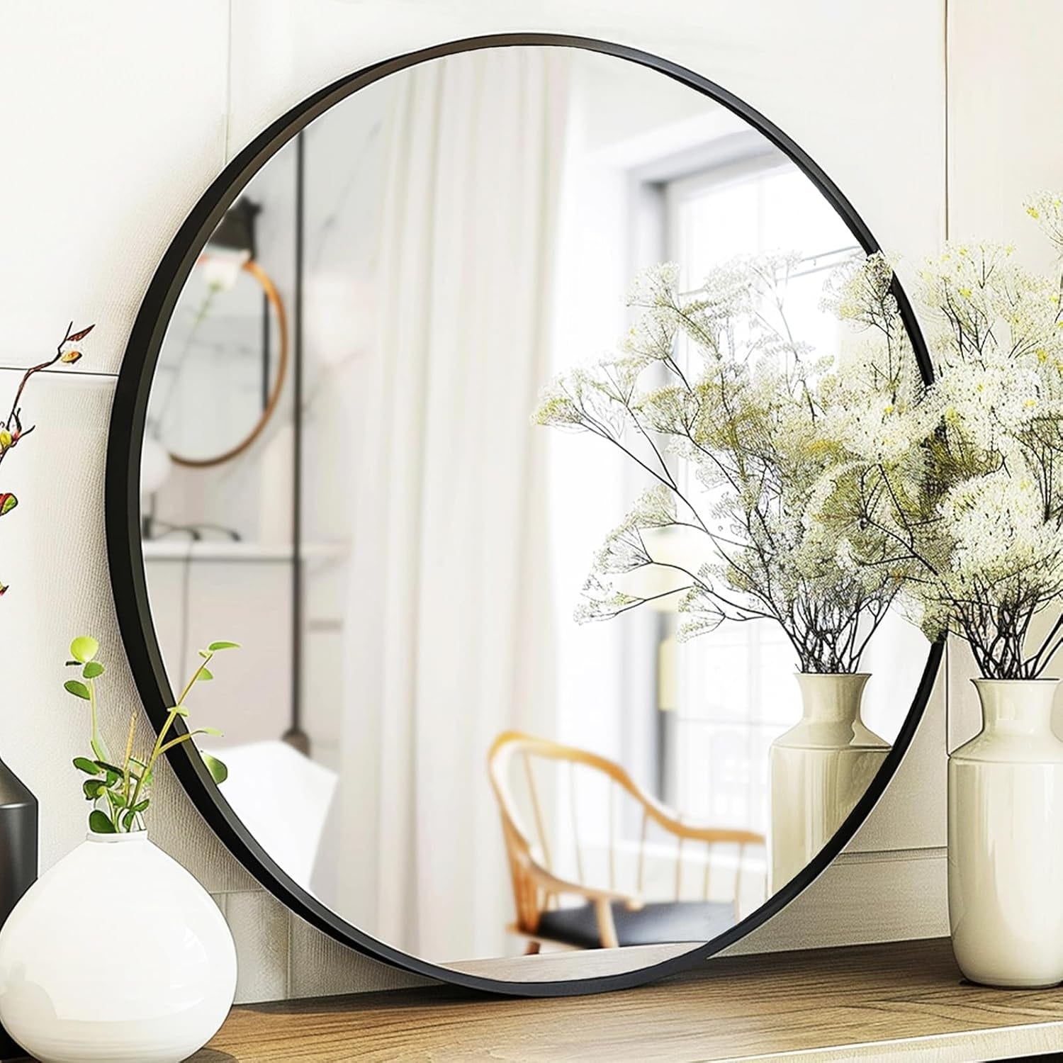 Round Wall Mirror - Black Bathroom Mirror with Metal Frame - Modern Hanging Mirror for Entryway, Bathroom, Vanity, Living Room