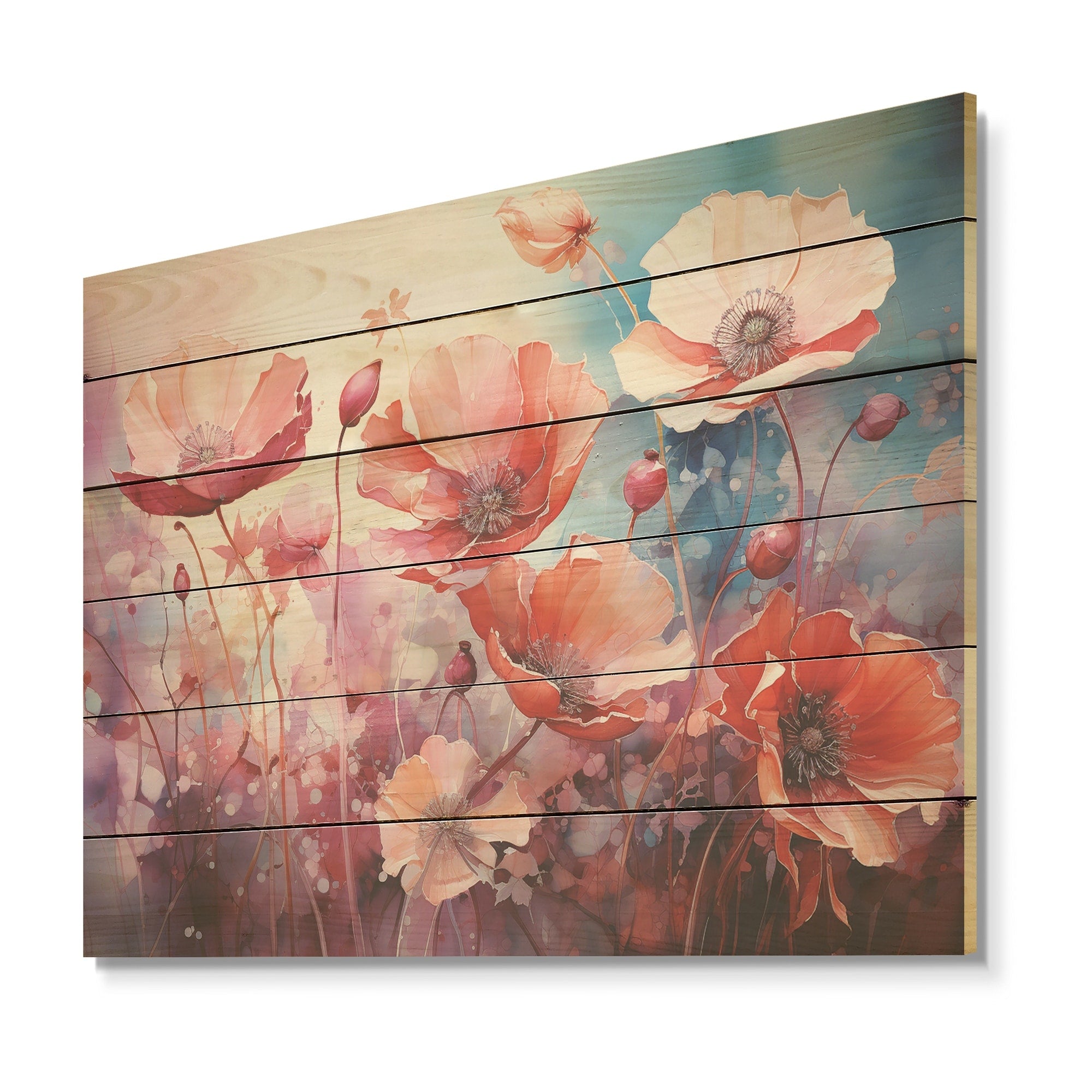 Designart Pink Crimson Flower Meadow Field IX Flower Wood Wall Decor Traditional Pink Wood Panel On Natural Pine Wood