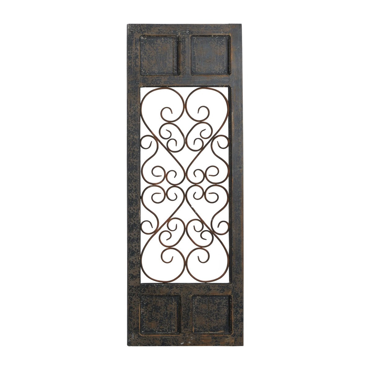 Wood Scroll Window Inspired Panel Home Wall Decor with Copper Metal Scrollwork - Brown - Roche River Decor