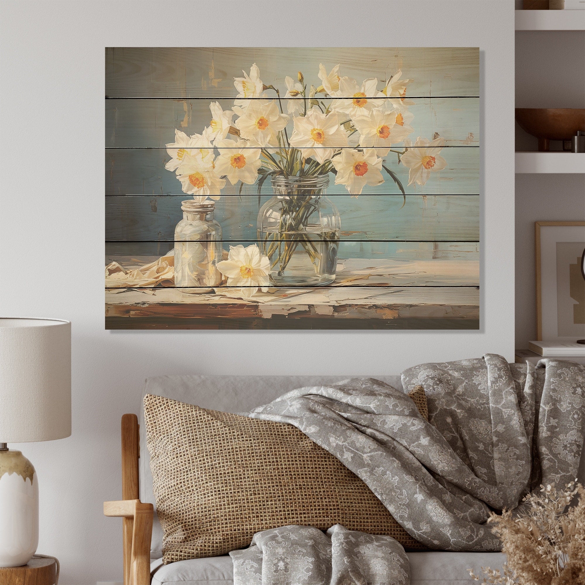 Designart Daffodils Farmhouse Still Life Daffodils Wood Wall Decor Traditional White Wood Panel On Natural Pine Wood