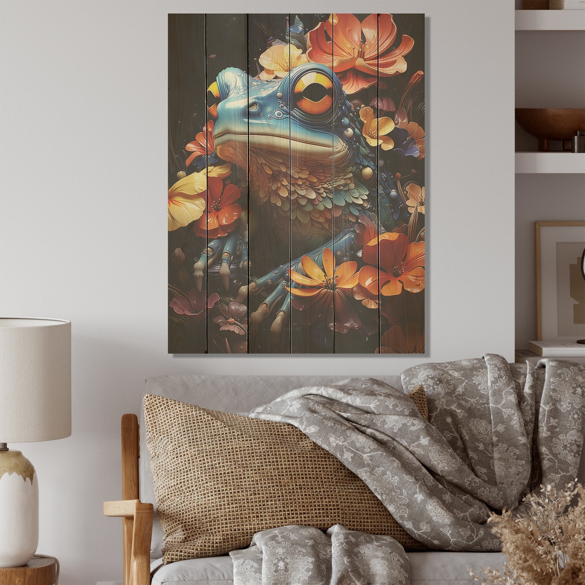 Designart Cosmic Frog Journey Frogs & Toads Wood Wall Decor - Modern Orange Wood Panel On Natural Pine Wood