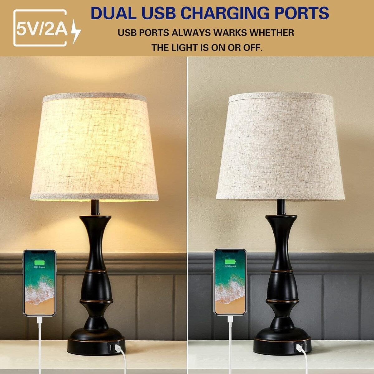 Table Lamps with 2 USB Charging Ports, 3 Ways Dimmable Touch Control Nightstand Bedside Lamps Bedroom Decor