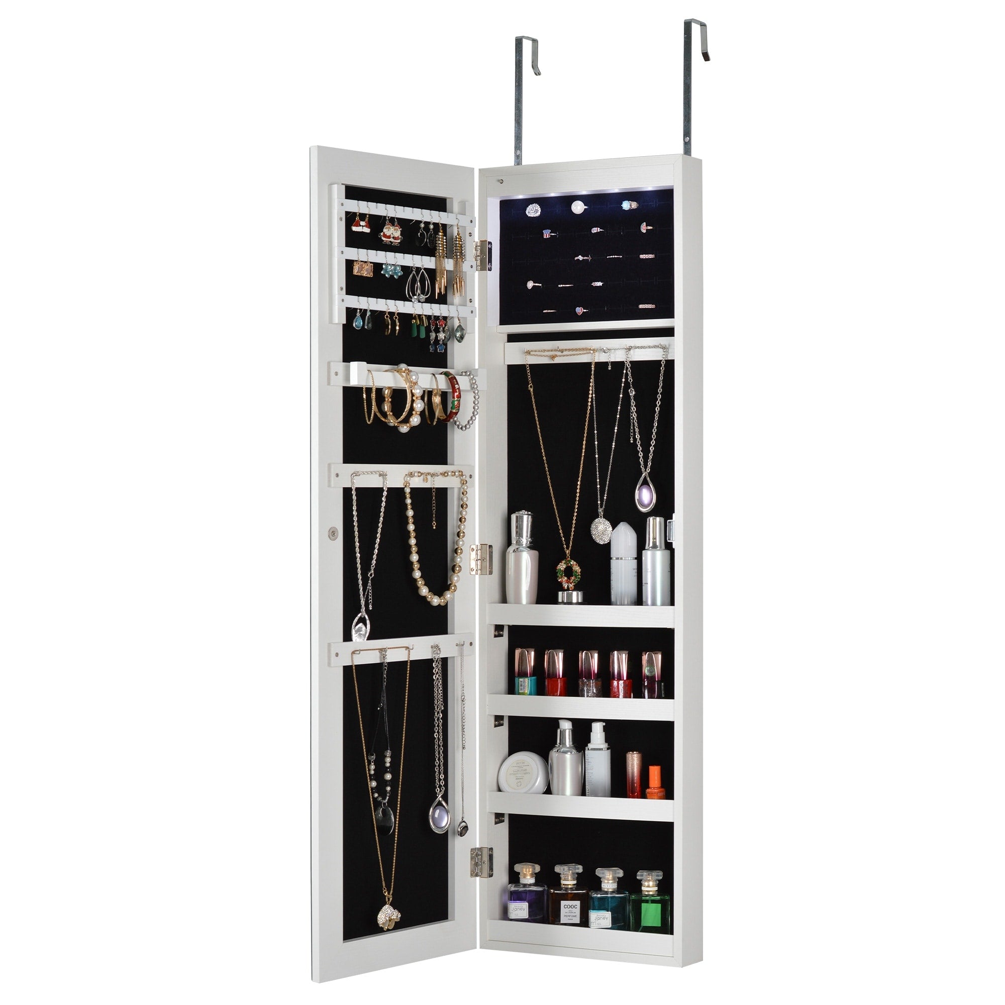 Full Mirror Jewelry Storage Cabinet with LED Light, Wall and Door Mountable