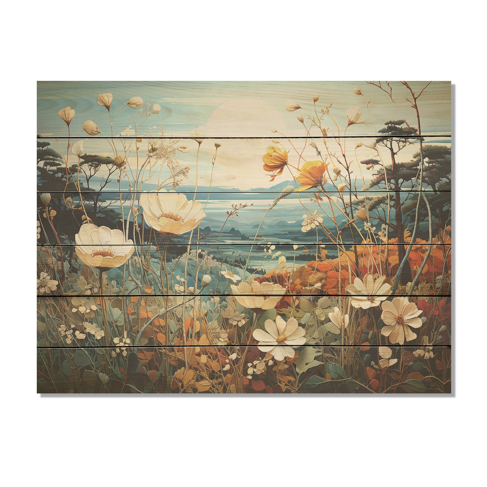 Designart Cool And Calming Flower Blooming Fields Flower Wood Wall Art - Traditional Wood Panel On Natural Pine Wood