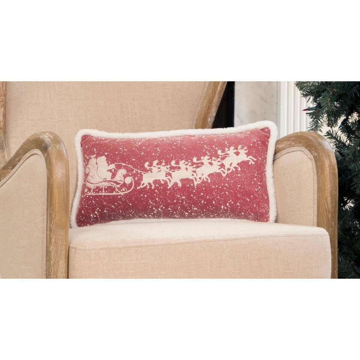 Snow Scene Printed Santa's Sleigh and Reindeer with Faux Fur Trim Christmas Pillow , 10 by 20-Inch